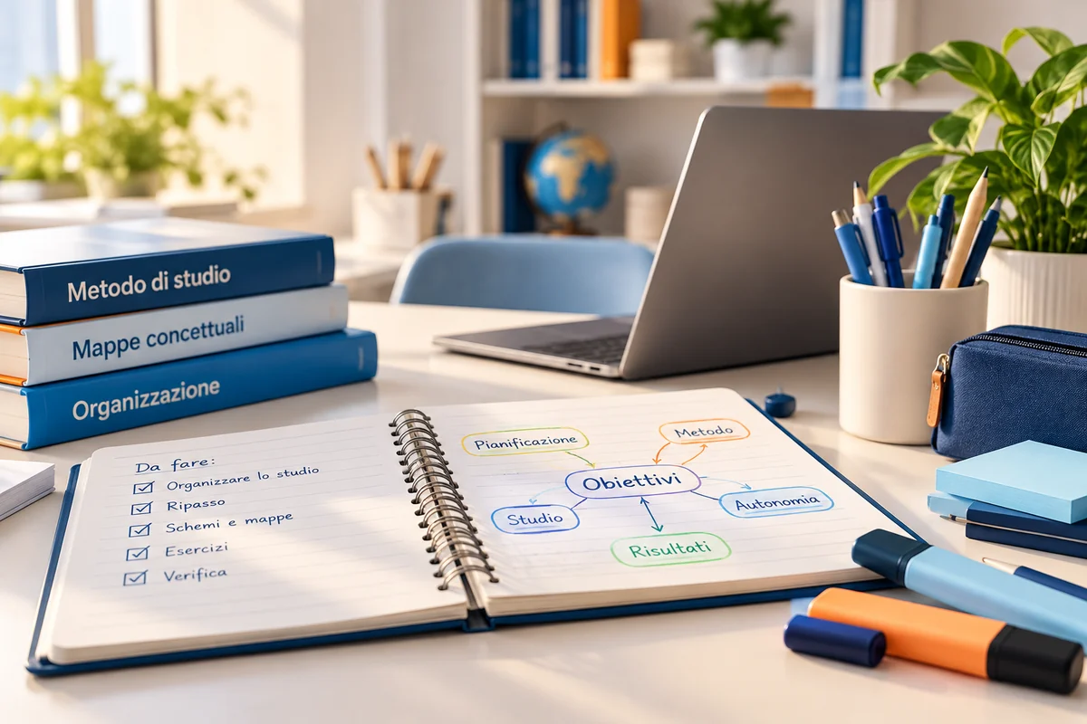 Scrivania organizzata con quaderno, mappe di studio, libri e computer.